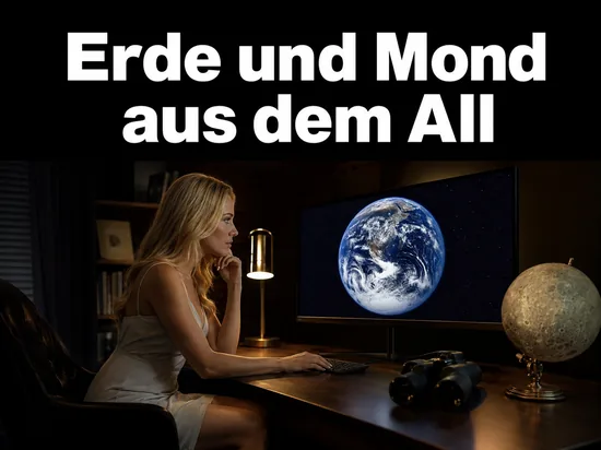 Frau am Monitor mit Erdansicht aus dem All neben Mondglobus, Schriftzug Erde und Mond aus dem All