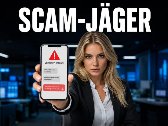 Blonde Geschaeftsfrau haelt Smartphone mit Betrugswarnung entschlossen in die Kamera, Schriftzug Scam-Jaeger