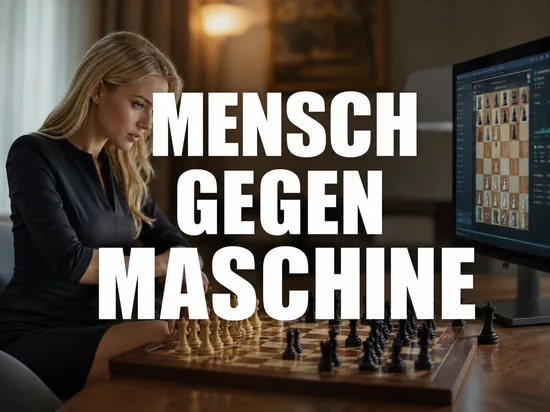 Frau am Schachbrett gegen einen Computer mit digitalem Schachbrett auf dem Monitor