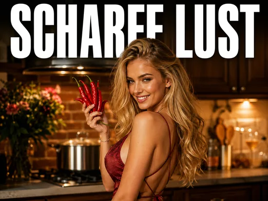 Blonde Frau mit roten Chilischoten in der Kueche, Symbolbild Aphrodisiaka und Lust