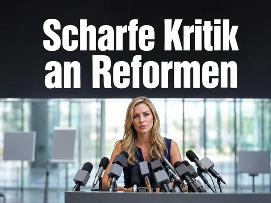 Frau steht an einem Pult vor vielen Reportermikrofonen
