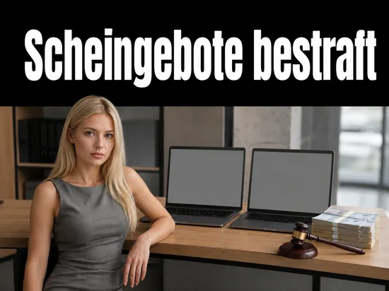 Schreibtisch mit zwei Laptops, Geldscheinen und einem Auktionshammer
