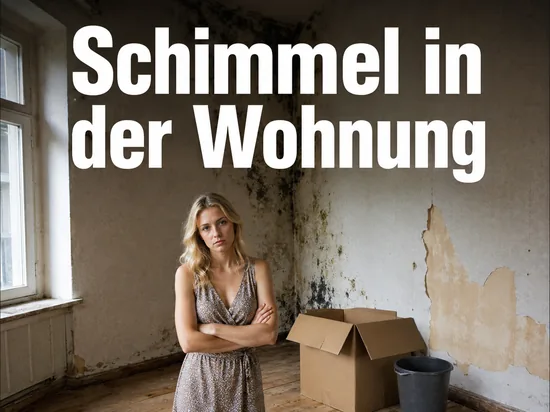 Leerstehende Wohnung mit Schimmel an der Wand, Umzugskarton und Eimer