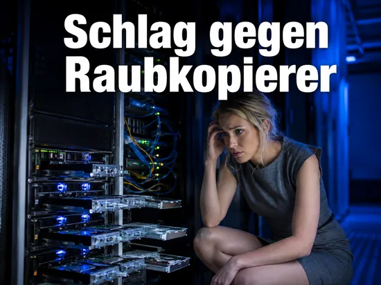 Frau vor einem geoeffneten Serverschrank mit gezogenen Festplatten: Schlag gegen kommerzielle Raubkopierer