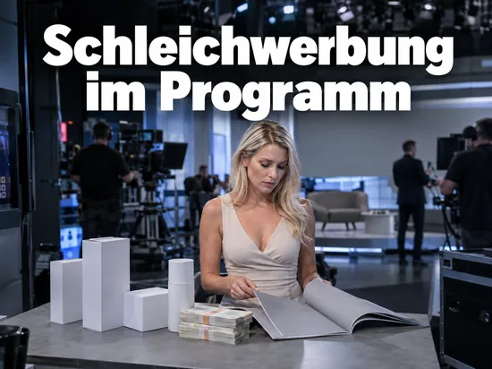 Frau an einem Requisitentisch mit neutralen Verpackungen und Geldscheinen