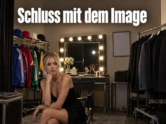 Frau im Kleid sitzt in einer Garderobe zwischen bunten Trainingsjacken und dunklen Anzuegen