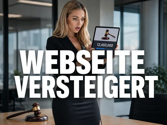 Blonde Geschaeftsfrau zeigt ueberrascht ein Tablet mit hohem Auktionsgebot, daneben ein Auktionshammer, Schriftzug Webseite versteigert