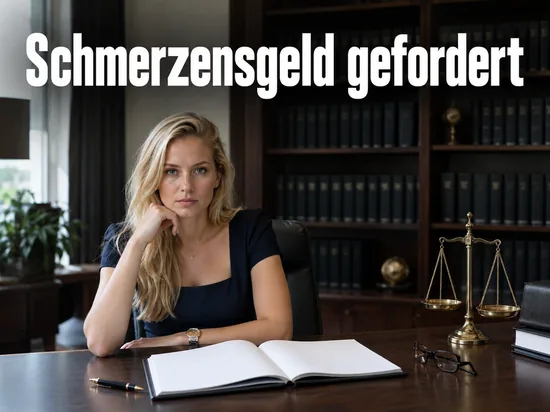 Frau sitzt an einem Schreibtisch in einer Anwaltskanzlei, davor ein aufgeschlagener Schriftsatz