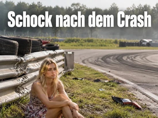 Frau sitzt an einer Leitplanke am Rand einer Rennstrecke