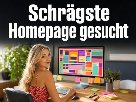 Frau am Rechner vor einer bunt gestalteten Webseite: Wettbewerb um Deutschlands schraegste Homepage