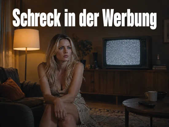 Frau sitzt abends im Wohnzimmer vor einem Fernseher mit Bildrauschen