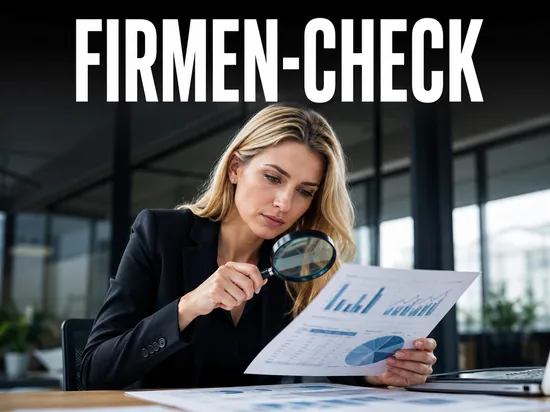 Pruefende blonde Geschaeftsfrau mit Lupe ueber einem Bonitaets-Dokument mit Firmenzahlen und Diagrammen, Symbolbild Auskunftei prueft Bonitaet kleiner Unternehmen