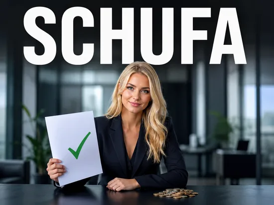 Erleichterte blonde Geschaeftsfrau mit Bonitaets-Dokument mit gruenem Haken und Euro-Muenzen, Symbolbild Auskunftei geht milder mit Kleinschuldnern um