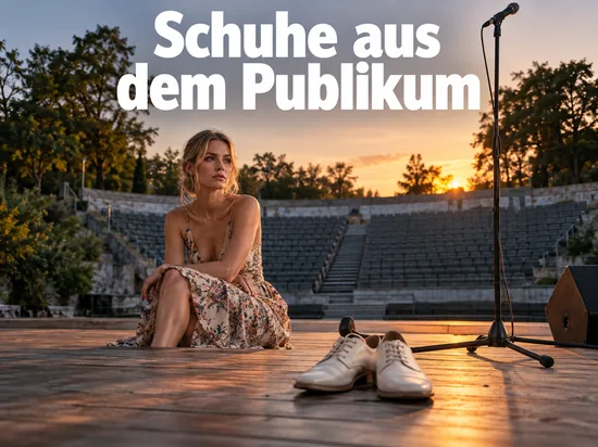 Frau sitzt auf einer Freilichtbühne neben einem Paar weißer Schuhe
