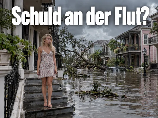 Frau auf einer Verandatreppe an einer überfluteten Straße in New Orleans mit umgestürztem Baum