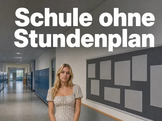 Schülerin im Schulflur vor einem Schwarzen Brett mit leeren Blättern