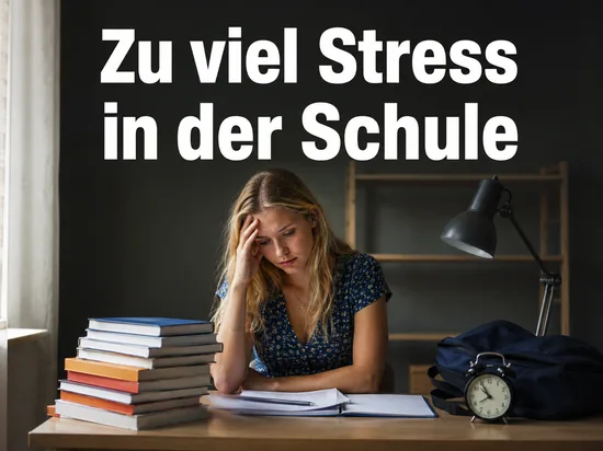 Frau mit Buecherstapel und Wecker am Schreibtisch, Schriftzug Zu viel Stress in der Schule