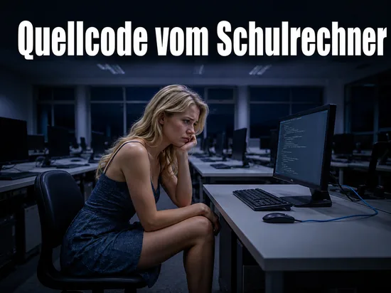 Frau in einem Schul-Computerraum vor einem Bildschirm mit Programmcode: Hacker stahlen Quellcode vom Schulrechner