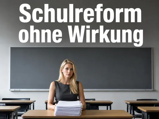 Lehrerin mit einem Stapel Testbogen vor einer Tafel im Klassenzimmer