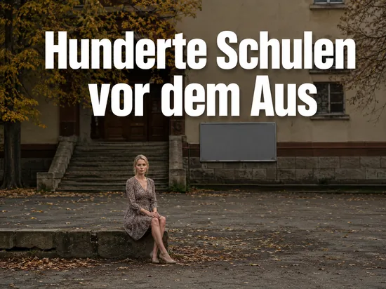 Frau auf einem verlassenen Schulhof vor einem alten Schulgebäude