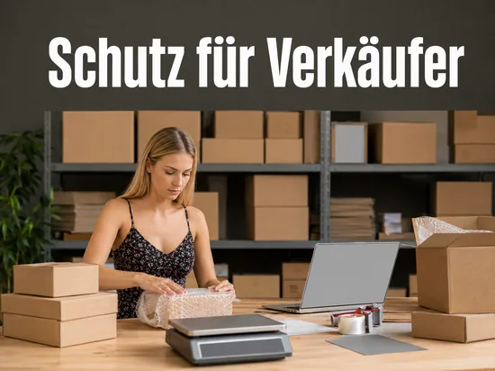 Versandtisch in einem Onlineshop-Lager mit Kartons, Paketwaage und Laptop