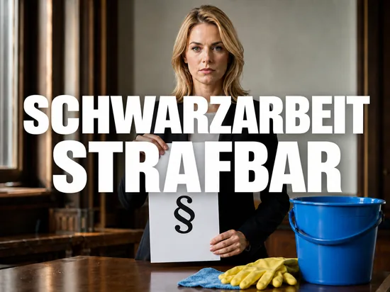 Ernste Geschäftsfrau hält ein Dokument mit Paragrafen-Symbol, daneben Putzhandschuhe und Eimer, Symbolbild dafür dass Schwarzarbeit bei Putzhilfen zur Straftat werden soll