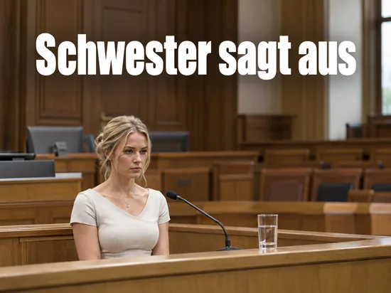 Frau im Zeugenstand eines Gerichtssaals mit Mikrofon und Wasserglas
