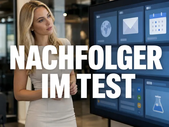 Geschaeftsfrau vor Monitor mit Programmsammlung aus Browser-, Mail- und Kalender-Kacheln