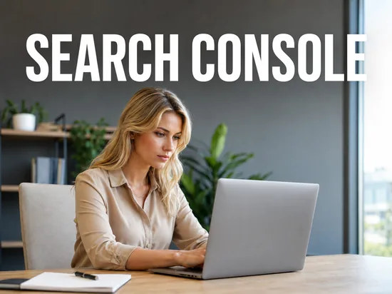 Blonde Frau arbeitet konzentriert am Laptop im hellen Büro, Schriftzug Search Console