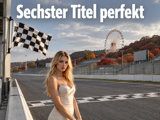 Karierte Zielflagge über der Zielgeraden einer Rennstrecke