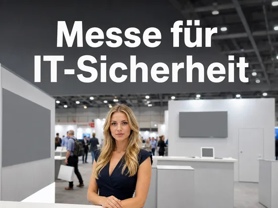 Messehalle mit Ausstellungsständen und leeren Werbeflächen