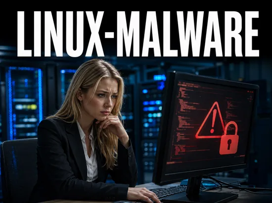 Blonde Geschaeftsfrau im Serverraum blickt besorgt auf Monitor mit Warnsymbol und Schadcode, Schriftzug Linux-Malware