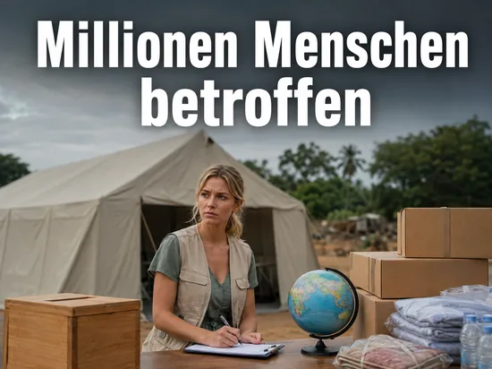 Helferin vor Hilfsguetern und Spendenbox, Schriftzug Millionen Menschen betroffen