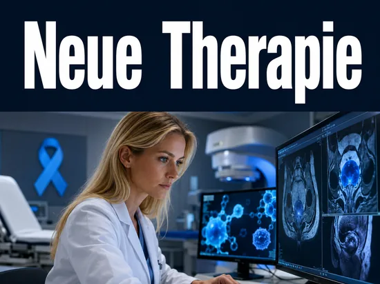 Junge blonde Aerztin analysiert MRT-Aufnahmen in einem modernen Behandlungsraum als Symbol fuer eine neue Therapie gegen Prostatakrebs