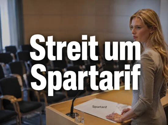 Rednerpult mit einem Papier -Spartarif- vor leeren Stuhlreihen, davor eine Frau mit entschlossenem Blick