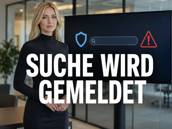 Blonde Frau vor Bildschirm mit Suchfeld, Schutzschild und Warndreieck, Schriftzug Suche wird gemeldet