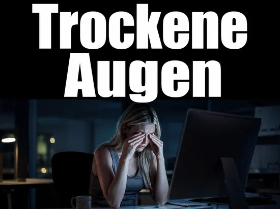 Junge blonde Frau reibt sich am Computer die muede geroeteten Augen als Symbol fuer Seh-Stoerungen durch PC-Arbeit