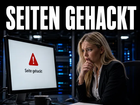 Blonde Geschaeftsfrau blickt alarmiert auf Monitor mit gehackter Fehlerseite und rotem Warnsymbol im Serverraum, Schriftzug Seiten gehackt