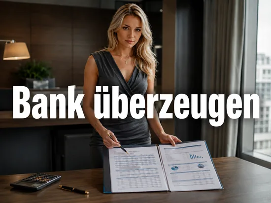 Mappe mit Bilanzen und Diagrammen, Taschenrechner und Fueller auf einem Tisch, davor eine Frau