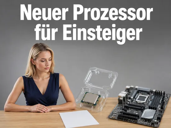 Frau am Tisch mit einem verpackten Prozessor und Mainboard