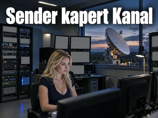Frau im Kontrollraum einer Satellitenstation vor Empfangsgeraeten
