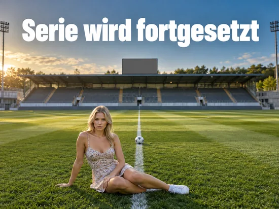 Frau im Kleid sitzt auf dem gestreiften Rasen eines Stadions an der Mittellinie
