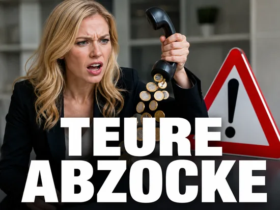 Empörte Geschäftsfrau mit Telefonhörer, aus dem Euro-Münzen rieseln, neben einem roten Warnsymbol, Symbolbild für teure Abzocke bei kostenpflichtigen Service-Rufnummern