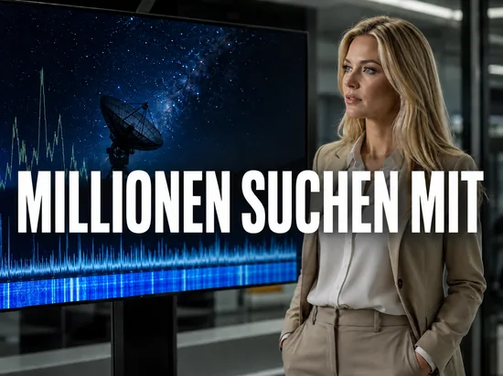 Blonde Geschaeftsfrau vor einem Bildschirm mit Radioteleskop, Sternenhimmel und Signalkurven, Schriftzug Millionen suchen mit