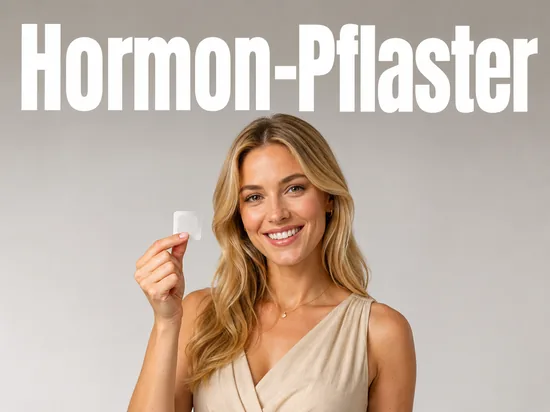 Junge blonde Frau haelt laechelnd ein kleines Hormonpflaster als Symbol fuer ein neues Medikament