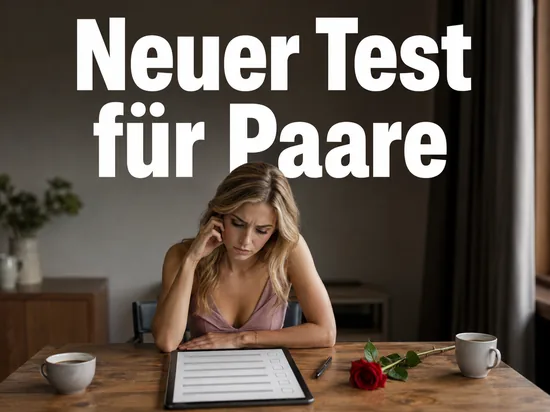 Frau am Tisch mit Tablet-Fragebogen, Rose und Kaffeetassen, Schriftzug Neuer Test fuer Paare