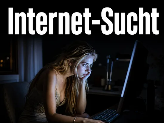 Junge blonde Frau sitzt nachts allein gebannt vor einem Computerbildschirm im Halbdunkel als Symbol fuer Internet-Sucht