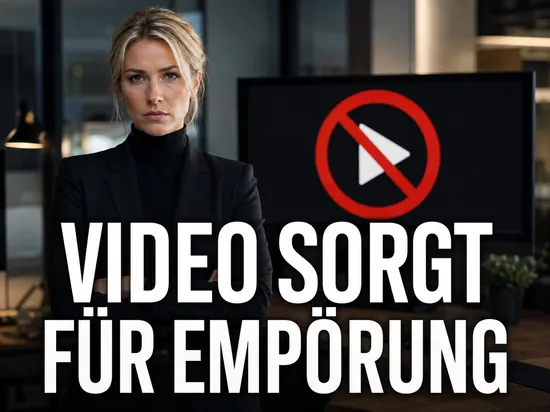 Blonde Geschaeftsfrau vor einem Bildschirm mit gesperrtem Video-Symbol, Schriftzug Video sorgt fuer Empoerung