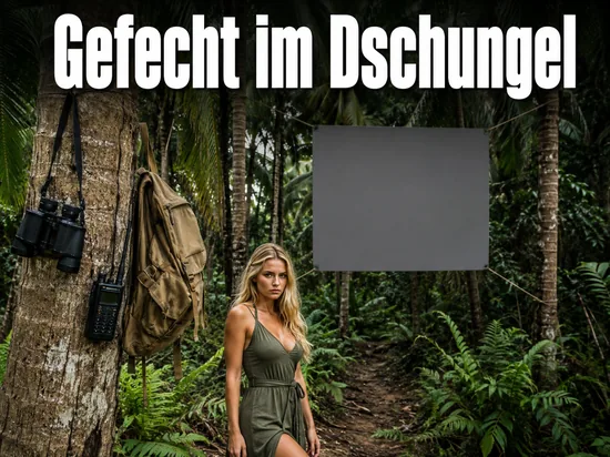 Dschungelpfad mit Fernglas, Rucksack und Funkgeraet an einem Baum