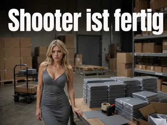 Lagerraum mit Versandkartons und verpackten Spielhuellen